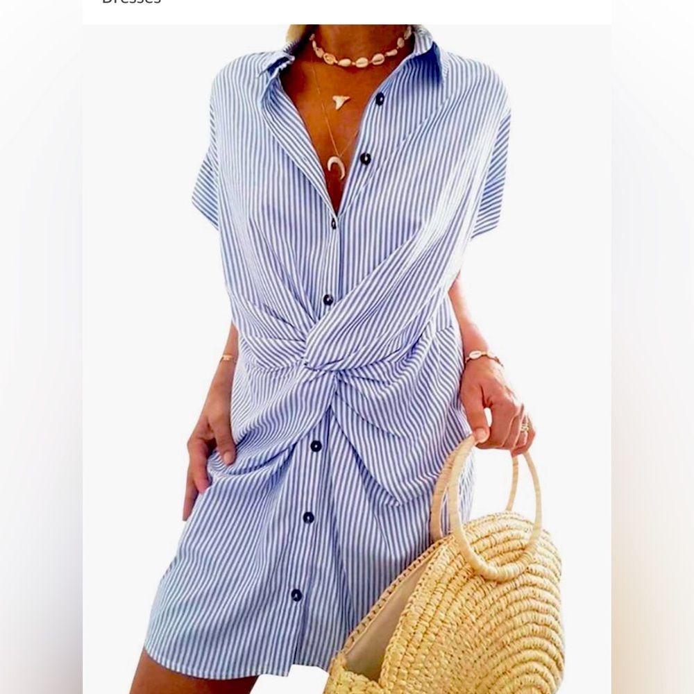 Unbranded blue and white striped twist front shirt dress.